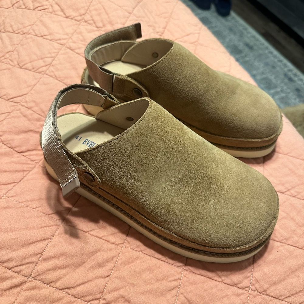 Tan Suede Clogs with Adjustable Strap